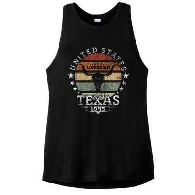 Texas 1845 Vintage Longhorn Cowboy And Rodeo Fan Ladies PosiCharge Tri-Blend Wicking Tank