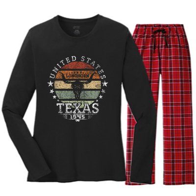 Texas 1845 Vintage Longhorn Cowboy And Rodeo Fan Women's Long Sleeve Flannel Pajama Set 