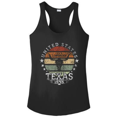 Texas 1845 Vintage Longhorn Cowboy And Rodeo Fan Ladies PosiCharge Competitor Racerback Tank