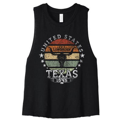 Texas 1845 Vintage Longhorn Cowboy And Rodeo Fan Women's Racerback Cropped Tank