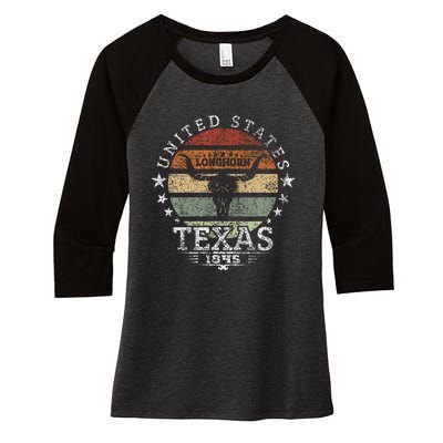 Texas 1845 Vintage Longhorn Cowboy And Rodeo Fan Women's Tri-Blend 3/4-Sleeve Raglan Shirt