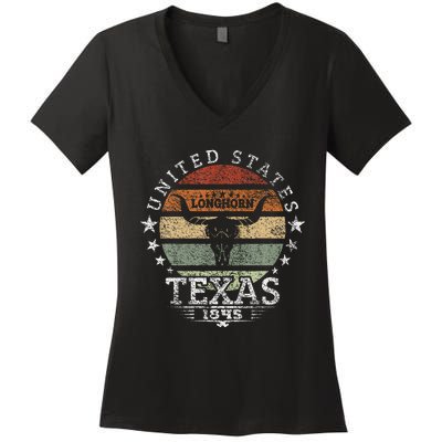 Texas 1845 Vintage Longhorn Cowboy And Rodeo Fan Women's V-Neck T-Shirt