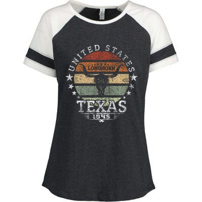 Texas 1845 Vintage Longhorn Cowboy And Rodeo Fan Enza Ladies Jersey Colorblock Tee