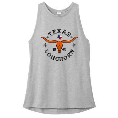 Texas 1845 Vintage Longhorn Cowboy And Rodeo Fan Ladies PosiCharge Tri-Blend Wicking Tank