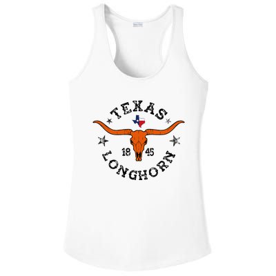 Texas 1845 Vintage Longhorn Cowboy And Rodeo Fan Ladies PosiCharge Competitor Racerback Tank