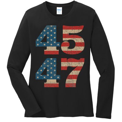 Trump 2024 45 47 Vintage American Flag Retro 4547 Trump 2024 Ladies Long Sleeve Shirt
