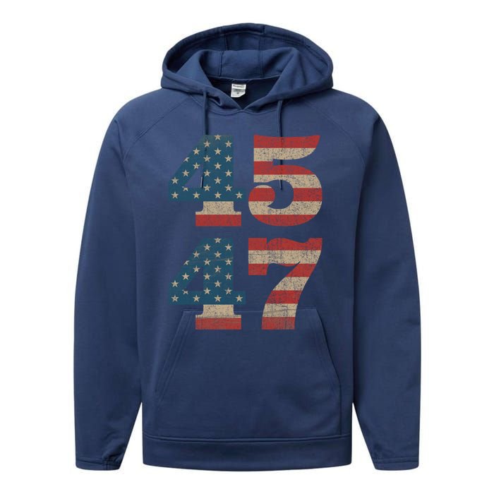 Trump 2024 45 47 Vintage American Flag Retro 4547 Trump 2024 Performance Fleece Hoodie