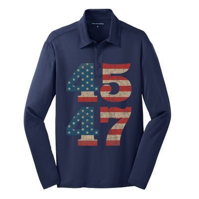 Trump 2024 45 47 Vintage American Flag Retro 4547 Trump 2024 Silk Touch Performance Long Sleeve Polo