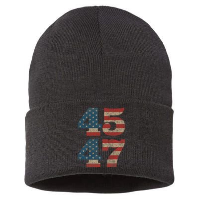 Trump 2024 45 47 Vintage American Flag Retro 45 47 Trump 2024 Sustainable Knit Beanie