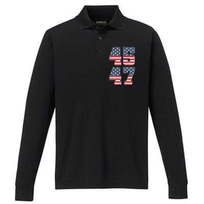 Trump 2024 45 47 Vintage American Flag Retro 4547 Trump 2024 Performance Long Sleeve Polo