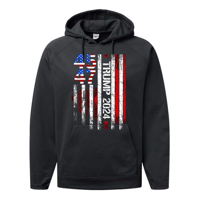 Trump 2024 45 47 Vintage American Flag Retro 4547 Performance Fleece Hoodie