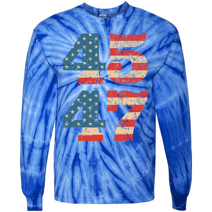 Trump 2024 45 47 Vintage American Flag Retro 4547 Trump 2024 Tie-Dye Long Sleeve Shirt