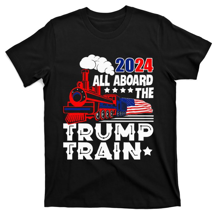 Trump 2024 All Aboard The Trump Train Usa American Flag T-Shirt