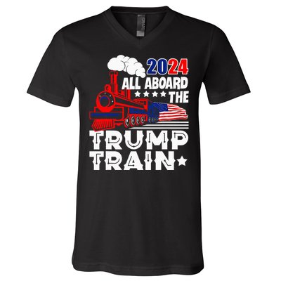 Trump 2024 All Aboard The Trump Train Usa American Flag V-Neck T-Shirt