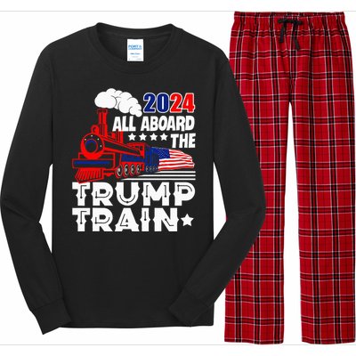 Trump 2024 All Aboard The Trump Train Usa American Flag Long Sleeve Pajama Set