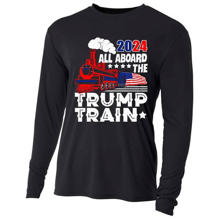 Trump 2024 All Aboard The Trump Train Usa American Flag Cooling Performance Long Sleeve Crew