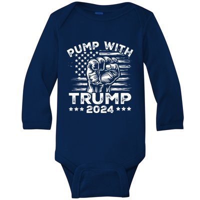 Trump 2024 American Flag Pump With Donald Trump Fist 2024 Funny Gift Baby Long Sleeve Bodysuit