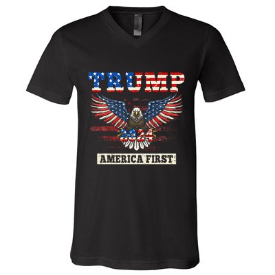Trump 2024 America First Bald Eagle Pro Trump Usa Flag V-Neck T-Shirt