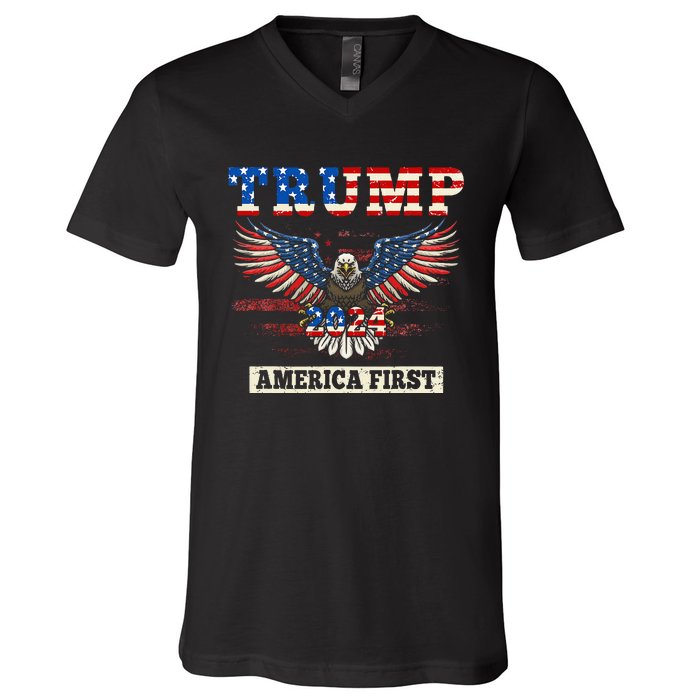 Trump 2024 America First Bald Eagle Pro Trump Usa Flag V-Neck T-Shirt