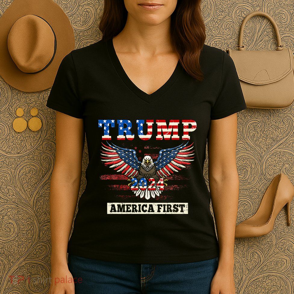 Trump 2024 America First Bald Eagle Pro Trump Usa Flag Women's V-Neck T-Shirt