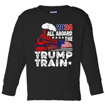 Trump 2024 All Aboard The Trump Train Usa American Flag Toddler Long Sleeve Shirt