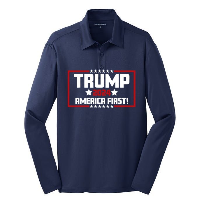 Trump 2024 America First Maga Keep America Great Democracy Silk Touch Performance Long Sleeve Polo