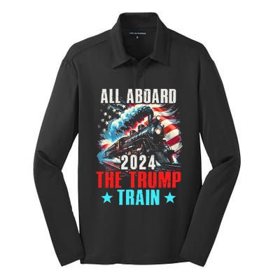 Trump 2024 All Aboard The Trump Train Us American Flag Silk Touch Performance Long Sleeve Polo