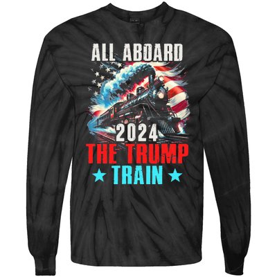 Trump 2024 All Aboard The Trump Train Us American Flag Tie-Dye Long Sleeve Shirt