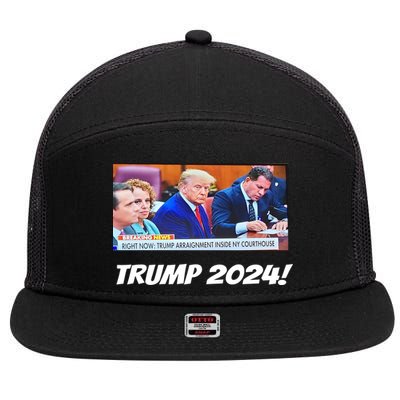 Trump 2024 Arraignment Inside Courthouse 7 Panel Mesh Trucker Snapback Hat
