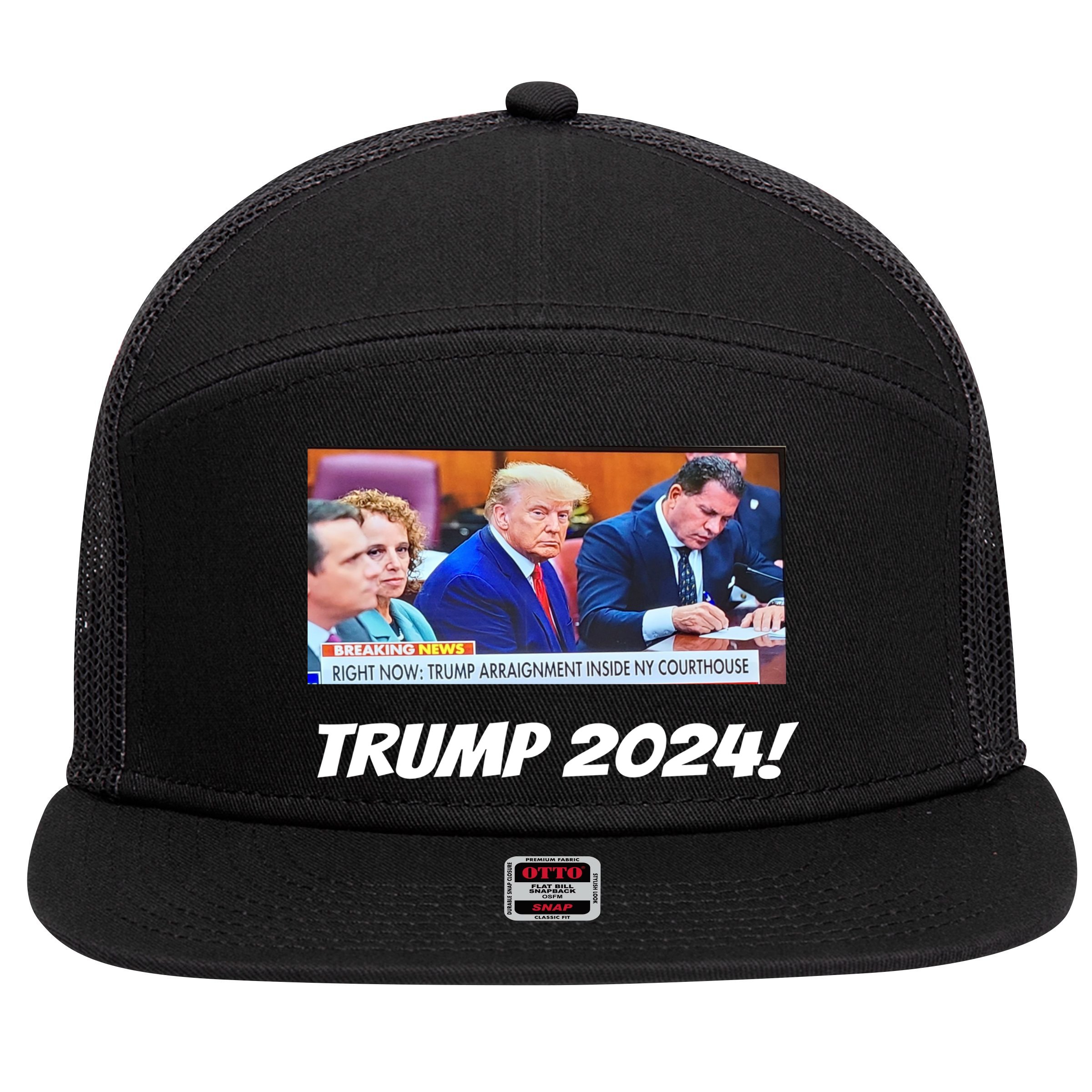 Trump 2024 Arraignment Inside Courthouse 7 Panel Mesh Trucker Snapback Hat