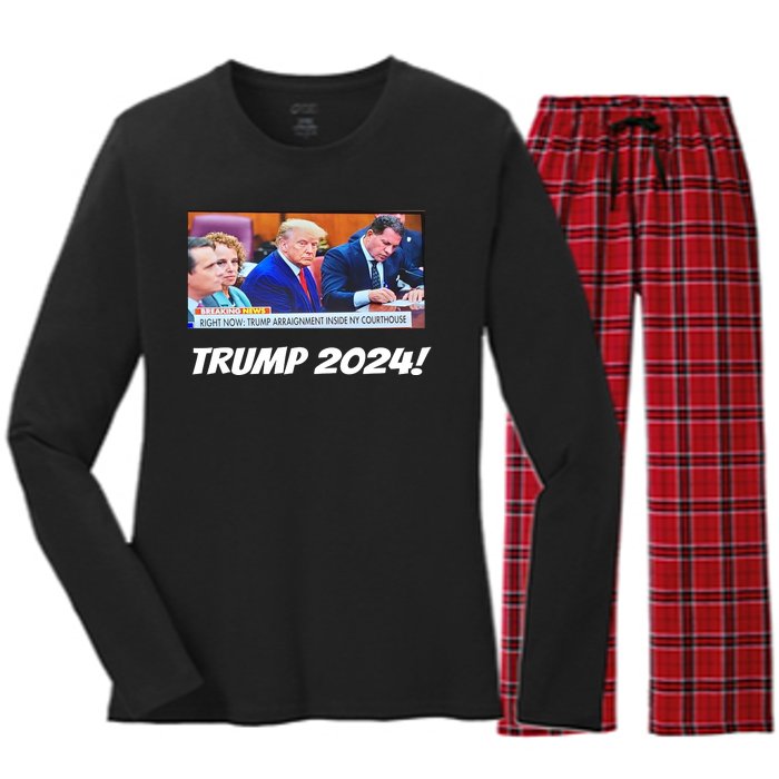 Trump 2024 Arraignment Inside Courthouse Women's Long Sleeve Flannel Pajama Set 