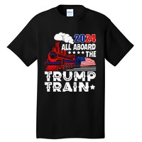 Trump 2024 All Aboard The Trump Train Usa American Flag Tall T-Shirt