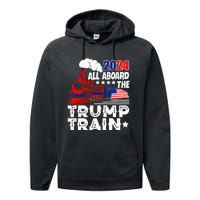 Trump 2024 All Aboard The Trump Train Usa American Flag Performance Fleece Hoodie