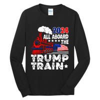 Trump 2024 All Aboard The Trump Train Usa American Flag Tall Long Sleeve T-Shirt