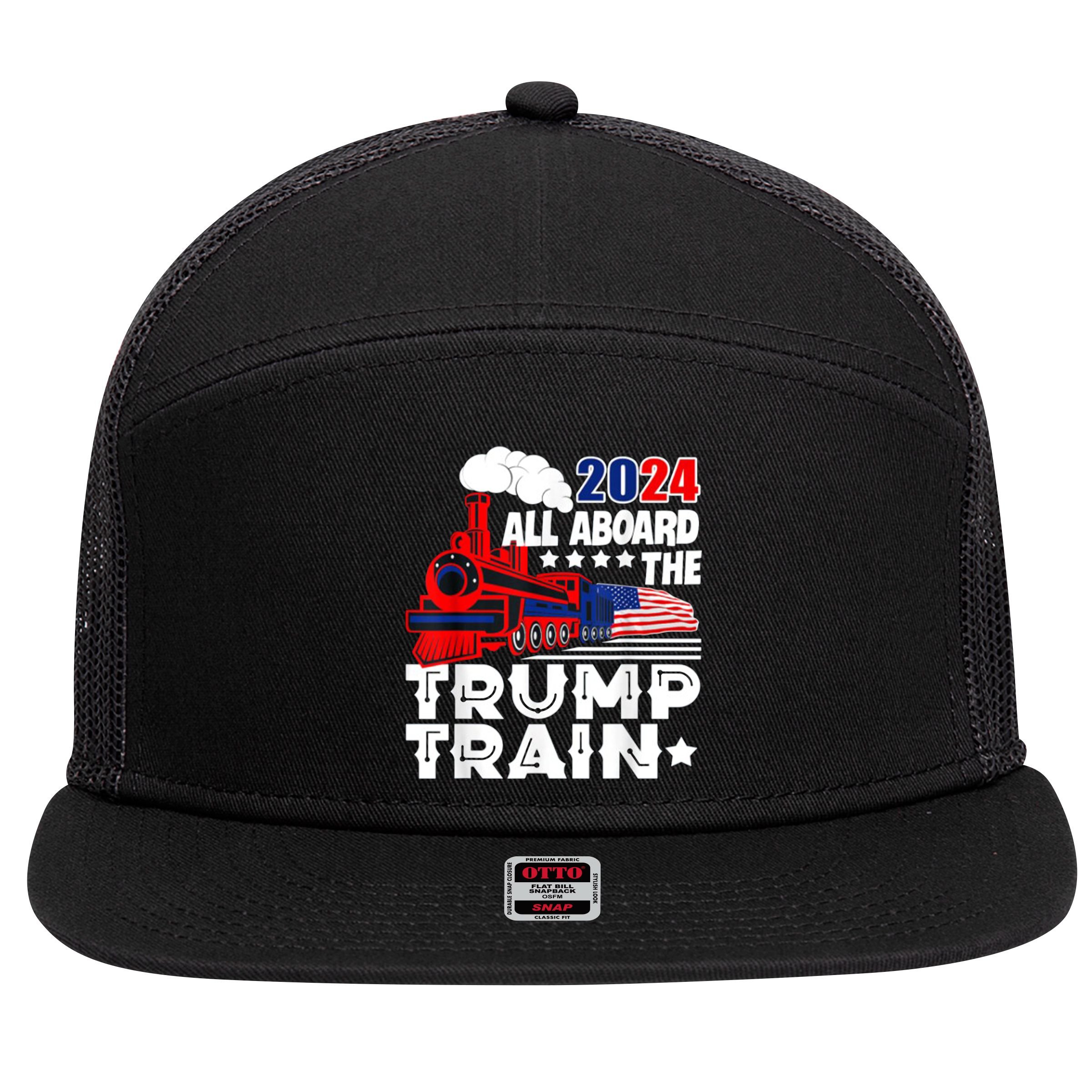 Trump 2024 All Aboard The Trump Train Usa American Flag 7 Panel Mesh Trucker Snapback Hat