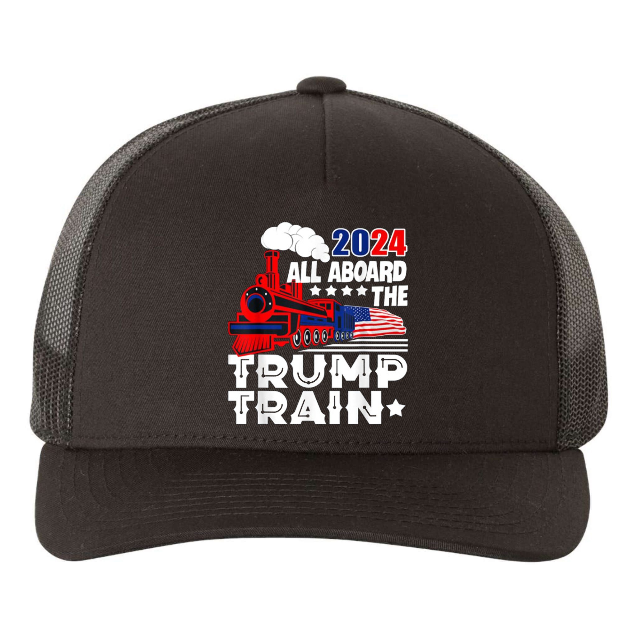 Trump 2024 All Aboard The Trump Train Usa American Flag Yupoong Adult 5-Panel Trucker Hat