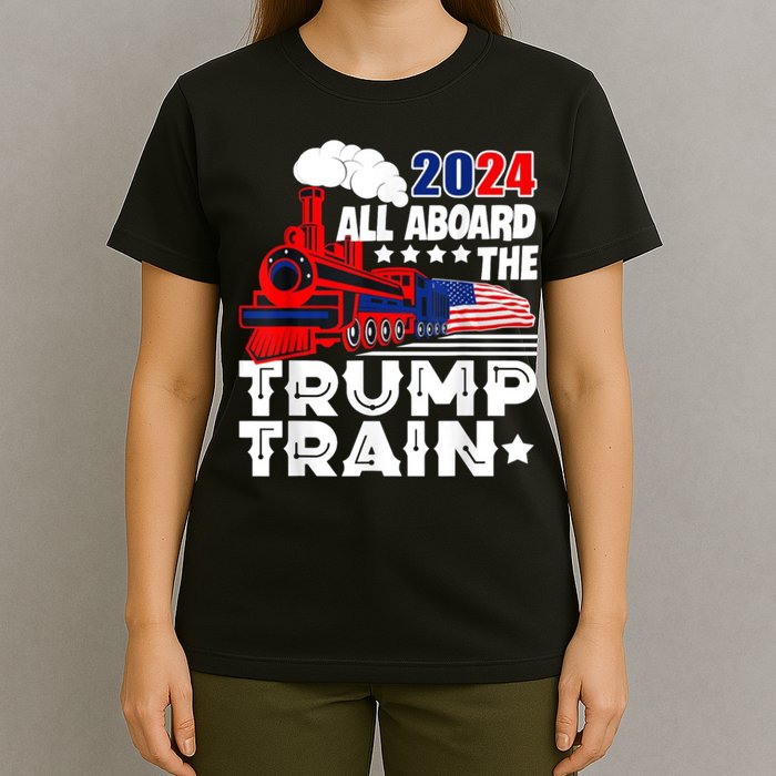 Trump 2024 All Aboard The Trump Train Usa American Flag T-Shirt