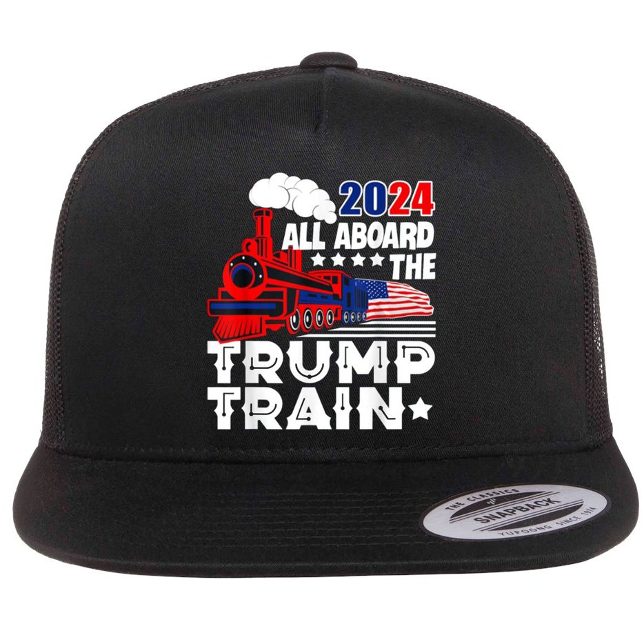 Trump 2024 All Aboard The Trump Train Usa American Flag Flat Bill Trucker Hat