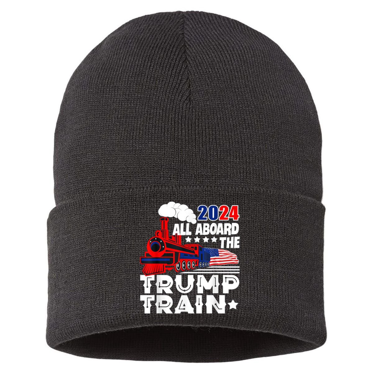 Trump 2024 All Aboard The Trump Train Usa American Flag Sustainable Knit Beanie