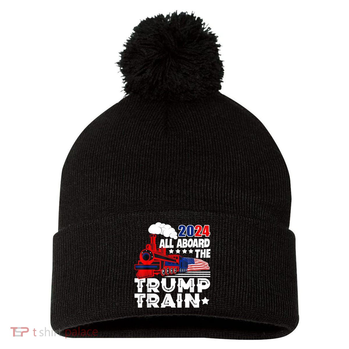 Trump 2024 All Aboard The Trump Train Usa American Flag Pom Pom 12in Knit Beanie