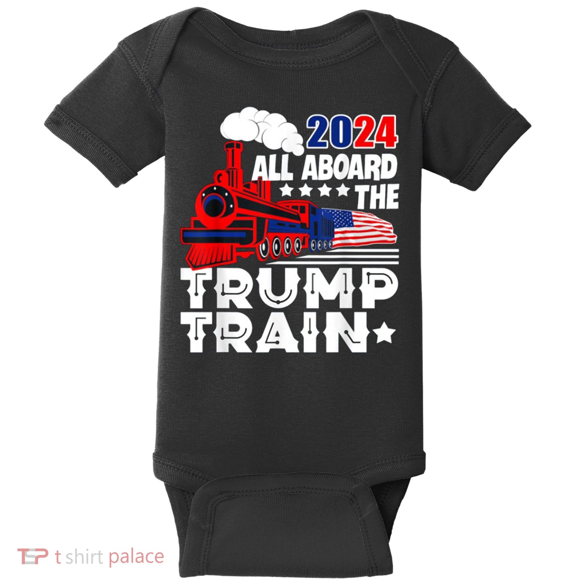 Trump 2024 All Aboard The Trump Train Usa American Flag Baby Bodysuit