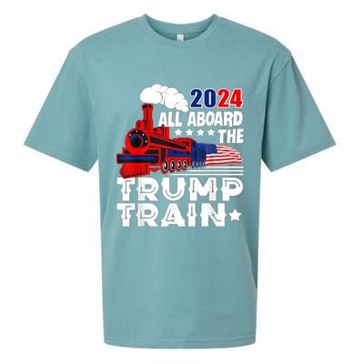 Trump 2024 All Aboard The Trump Train Usa American Flag Sueded Cloud Jersey T-Shirt