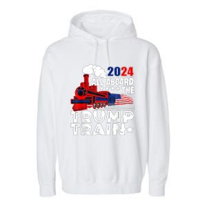 Trump 2024 All Aboard The Trump Train Usa American Flag Garment-Dyed Fleece Hoodie