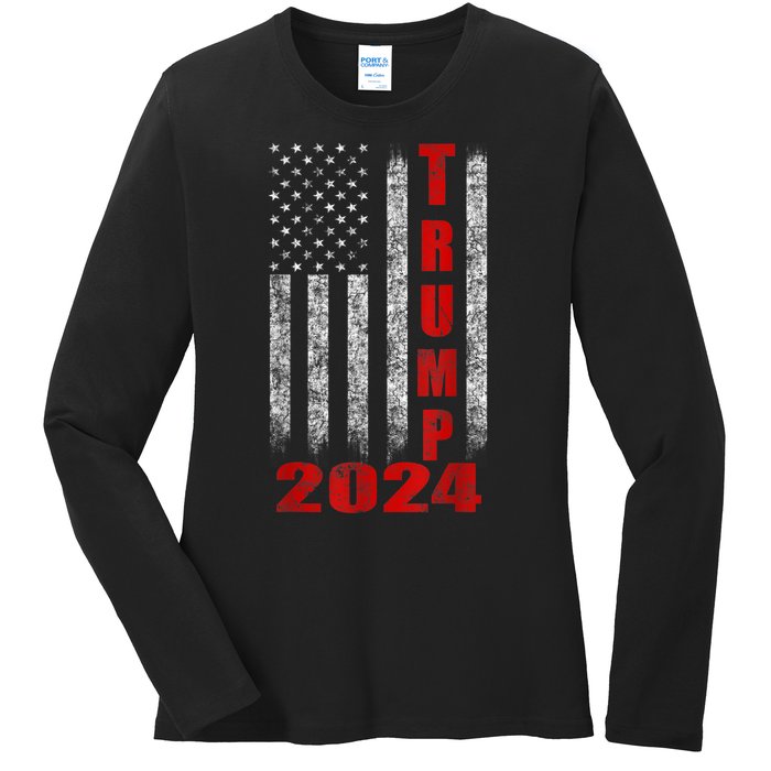 Trump 2024 American Flag Design Ladies Long Sleeve Shirt