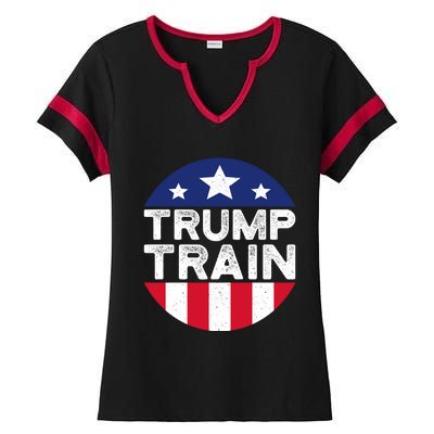 Trump 2024 All Aboard The Trump Train Usa American Flag Ladies Halftime Notch Neck Tee