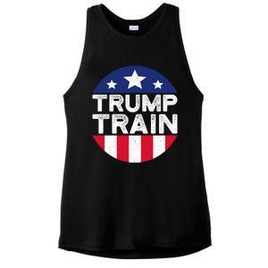 Trump 2024 All Aboard The Trump Train Usa American Flag Ladies PosiCharge Tri-Blend Wicking Tank