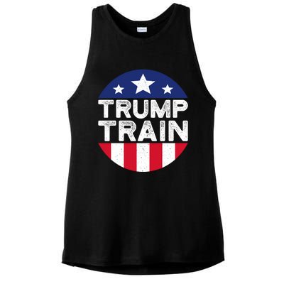 Trump 2024 All Aboard The Trump Train Usa American Flag Ladies PosiCharge Tri-Blend Wicking Tank