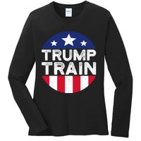 Trump 2024 All Aboard The Trump Train Usa American Flag Ladies Long Sleeve Shirt