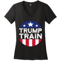 Trump 2024 All Aboard The Trump Train Usa American Flag Women's V-Neck T-Shirt