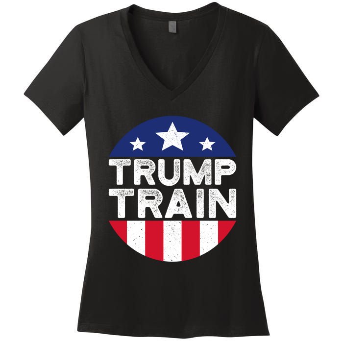 Trump 2024 All Aboard The Trump Train Usa American Flag Women's V-Neck T-Shirt